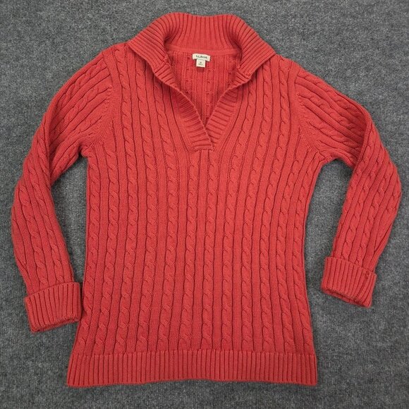 LL Bean Cable Knit Sweater Womens Medium Salmon Lightweight V-Neck Fishermancore - Picture 1 of 9
